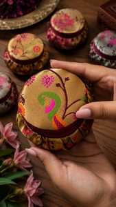 Boîte à bijoux traditionnelle en tissu Paithani, boîte à bijoux ronde faite à la main, étui de rangement pour bijoux, motif floral de paon, pochette de rangement à fermeture éclair - Product Image 2