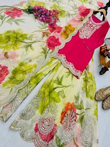 Ensemble Kurti Palazzo de Saison Festive avec Broderies Authentiques, Série de Vêtements Ethniques de Créateur, Nouveau Ensemble Haut, Palazzo et Dupatta de Créateur pour Fêtes, en Gros - Product Image 3