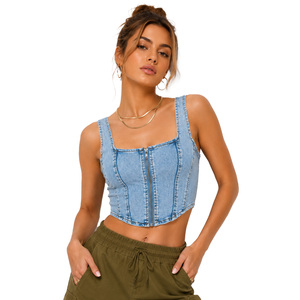 Chemise corset en jean Y2K délavé personnalisé pour femme, col carré, sans manches, crop top zippé sur le devant, décontracté, printemps-été, streetwear, débardeur - Product Image 1