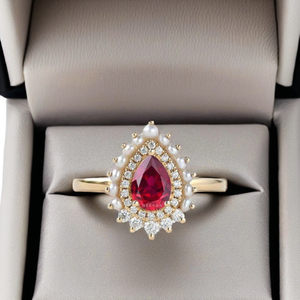 Anillo antiguo de rubí cultivado en laboratorio con perla de agua dulce y corte de pera en oro amarillo sólido de 14K, anillo de Halo en forma de gota de agua Art Deco Vintage - Product Image 1