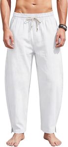 Men's Cotton Linen Ankle <b>Pants</b>, <b>Summer</b> Casual Loose Fit Beach Trousers with Elastic Waist Drawstring & Deep Pockets - Product Image 3