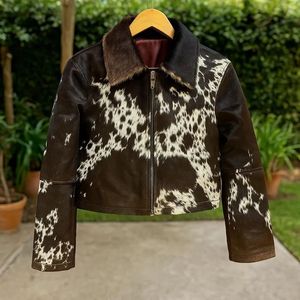 Veste en cuir véritable pour homme, en cuir de vache, imprimé animal, col rabattu, fermeture éclair, longueur courte, style motard, vêtements d'hiver - Product Image 2