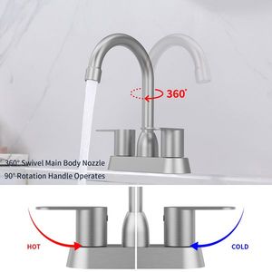 Rubinetto per lavabo bagno a 2 maniglie, con braccio alto girevole a 360 gradi, in nichel spazzolato, 4 pollici, per lavabo camper, con attacco a 3 fori e interasse da 4 pollici - Product Image 4