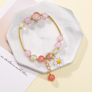 Kids Romantic Beaded Crystal <b>Bracelet</b> with Rose Quartz <b>Sunflower</b> Charm - Product Image 1