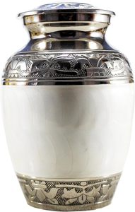 Trending Classic Urn with Silver Floral Accents Round Handmade Sympathy Decorative <b>Jar</b> Crackled Glaze Traditional Style - Product Image 6