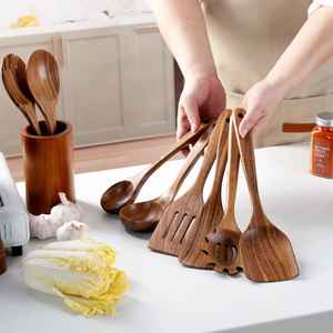 Ensemble d'ustensiles de cuisine en bois naturel, spatule, cuillère, louche, outils de cuisine en bois sûrs pour les ustensiles antiadhésifs - Product Image 4