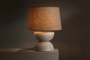 Refined <b>Marble</b> Decorative Lamp With Elegant Double Curve Profile Neutral Fabric Shade And High End Modern Beauty - Product Image 3