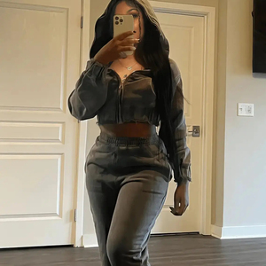 ชุดฮู้ดดี้แฟชั่นยุโรป-อเมริกา ปี 2026 สำหรับผู้หญิง เสื้อฮู้ดดี้แบบซิป เสื้อครอป และกางเกงจ็อกเกอร์ ชุดลำลองสีพื้น ชุดวอร์ม ดรอปชิปปิ้ง - Product Image 5