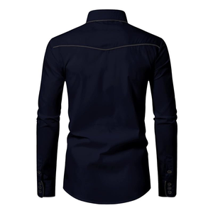 เสื้อเชิ้ตคาวบอยปักลายตะวันตกสำหรับผู้ชาย สีกรมท่า แต่งด้ายเมทัลลิกลายเส้น  ขอบเสื้อแบบมีลาย  ทรงเข้ารูป แขนยาว ติดกระดุมแป๊ก - Product Image 6