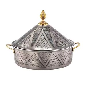 Chauffe-plats de luxe en acier inoxydable martelé, finition miroir, base étoile géométrique, pour buffet de mariage et casseroles - Product Image 1