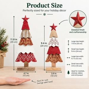 Ensemble d'arbres de Noël en bois artisanaux style art populaire, figurine d'arbre de Noël peinte à plusieurs niveaux, étoile de Noël en bois, décoration de table rustique pour les fêtes - Product Image 4