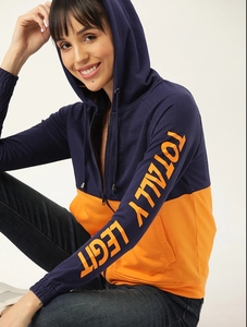 Sudadera con capucha y cremallera para mujer, con bloques de color, azul marino y naranja, de manga larga, tejida, transpirable, para uso casual de otoño - Product Image 4