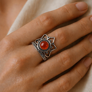 Crimson Glow Manmade Carnelian Lotus Crown <b>Ring</b> Handmade Gold/Silver Plated Bohemian Style Unisex Jewelry - Product Image 3