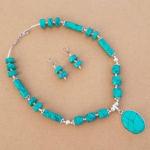 Turquoise Necklace Earrings <b>Set</b> Handmade Gemstone Jewelry For Women Silver Overlay Wholesale Fashion Gift - Product Image 5