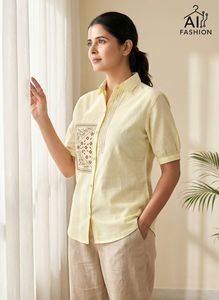 Camisa de Algodón Roja para Mujer, Tejida y Bordada, Estilo Coreano, con Botones, Manga Corta, Cuello en V, Informal, para Todas las Temporadas - Product Image 2