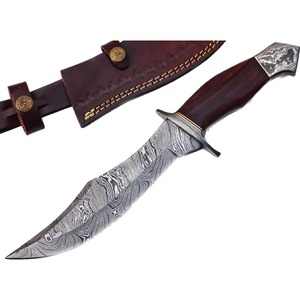 Cuchillo Bowie de Camping Hecho a Mano Personalizado con Punta Clip, Hoja Recta de Acero de Damasco de 3mm de Grosor, Mango de Madera y Funda de Cuero - Product Image 6