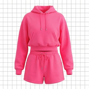 Ensemble sweat à capuche et short rose pour femme, coupe décontractée, au-dessus du genou, couleur unie, en polaire, 2 pièces, tenue printemps-été - Product Image 1