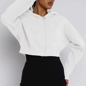 <b>Cropped</b> Women Hoodies Drop Shoulder White Color High Quality 100% Cotton Kangaroo Pocket Fashionable Street Wear <b>Zip</b> <b>up</b> Hoodies - Product Image 4