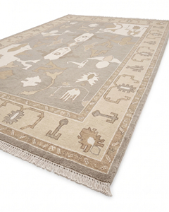 Tapis Oushak Moderne Neutre DECORDEC Beige/Taupe/Ivoire en Laine à Motifs Tribaux, Bordure Géométrique Botanique, Antidérapant, Écologique, Fait Main - Product Image 6