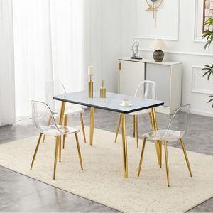 Set di 4 Sedie da Pranzo con Piano in Vetro Effetto Marmo Bianco e Base in MDF, Gambe Affusolate in Metallo Dorato - Product Image 3