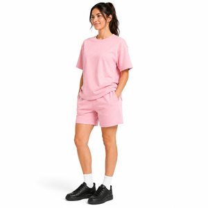 Women's Pink Oversized T-Shirt and Shorts <b>Set</b> Crew Neck Loose Fit Solid Color Knitted Cotton Casual Two-Piece Outfit - Product Image 5