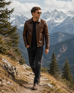 Men’s Premium Brown PU Leather <b>Jacket</b> with Turn Down Collar, Zip Front, Side Pockets and <b>Smart</b> Streetwear Style - Product Image 6