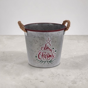 Vintage Metal Christmas Bucket With Rope Handles Merry Christmas <b>Tree</b> Design Decorative <b>Planter</b> - Product Image 6