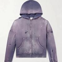 Sudadera con capucha térmica con cremallera, personalizable para serigrafía, para hombre, oversize, con efecto desgastado, lavado ácido y desgarrada