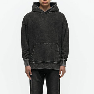 <b>Men's</b> Oversized Washed Black Hooded Sweatshirt Regular <b>Sleeve</b> Solid Color French Terry Cotton <b>Hoodie</b> Autumn Wear - Product Image 3