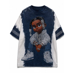Camiseta de mezclilla oversize para hombre, manga corta, cuello redondo, tie-dye, estampado de pedrería, estilo urbano, ribete en contraste, para mantenerse fresco - Product Image 2