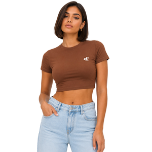 Camiseta de mujer Solid Chic de manga corta, corte ajustado, cuello redondo, estilo Baby Tee, para primavera/verano, estilo urbano, de algodón y spandex, con logo personalizado DTF. - Product Image 4