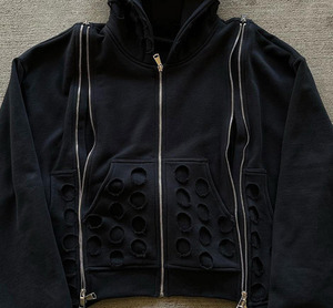 Custom Cut Out Hooded Collar Zipper Hoodie <b>Men</b> Oversized Crop Fleece Streetwear Design Solid Color Regular Sleeve Autumn Wear - Product Image 3