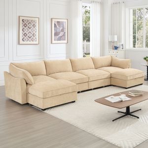 Divano componibile a U a 4 posti con seduta profonda e 2 pouf mobili per sgabelli e ottomane - Product Image 3
