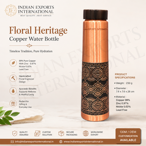 Bouteille en cuivre gravée traditionnelle, exportée par Indian exports international. (Cuivre pur certifié) - Product Image 2