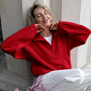 Sweat-shirt en molleton oversize à col montant et fermeture éclair sur le côté, couleur unie gris, manches classiques, pour femme, collection automne - Product Image 1