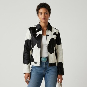 Veste en cuir de vachette noir et blanc à imprimé animal, col rabattu, fermeture éclair, coupe classique, style décontracté, pour l'automne - Product Image 1