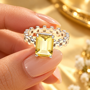 Lemon Quartz 925 Sterling Silver <b>Ring</b> – <b>Emerald</b> Cut Gemstone with Checkerboard Link <b>Band</b> - Product Image 4