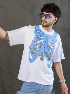 Camisetas de Hombre de Alta Calidad, 100% Algodón, Estampado Gráfico, Estilo Urbano, Oversize, Estampado de Esqueleto Azul, Corte Regular, Casual - Product Image 3
