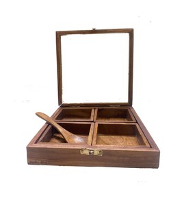 Caja de especias de madera hecha a mano – Masala Dabba india, caja de mesa hecha a mano, caja de especias de madera con 4 recipientes y cuchara - Product Image 4