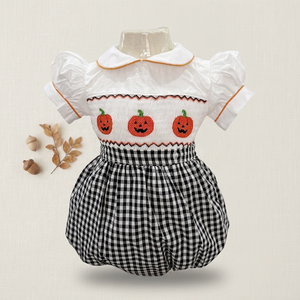 Combinaison à carreaux brodée citrouille pour filles, avec col Peter Pan et manches bouffantes, robe mignonne d'automne - Product Image 1