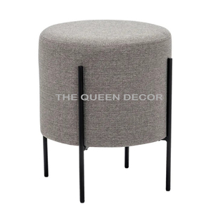 Tabouret ottoman élégant en acier inoxydable de forme ronde, finition dorée antique, tissu blanc, pour salle à manger, chambre à coucher - Product Image 2
