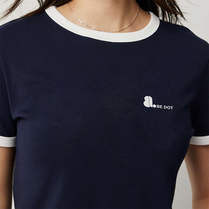 Camiseta de Manga Corta con Cuello Redondo y Ribete en Contraste para Mujer, Color Azul Marino, Estampado con Logotipo, 100% Algodón Orgánico Ecológico, Marca BE DOT - Product Image 4