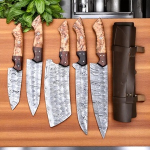 A&M Enterprises Handmade Damascus Steel Chef <b>Knife</b> <b>Set</b> Blades Five-Piece Wood Handle Ambidextrous Leather Sheath Survival <b>Knives</b> - Product Image 6
