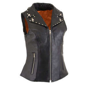 Gilet moto en cuir véritable imperméable pour femme, avec rivets décoratifs, fermeture éclair, col en V, couleur unie, longueur standard - Product Image 1