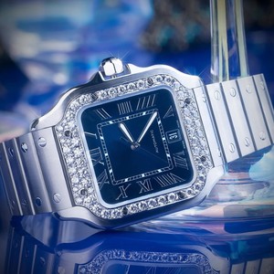 Reloj de Lujo Clásico ETA Automático Cuadrado Analógico de Acero Inoxidable con Incrustaciones de Diamantes para Hombre, Esfera Azul con Moissanita VVS, Personalizado Estilo Hip Hop con Fecha - Product Image 3
