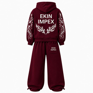 Men's Women's Premium Maroon Burgundy Crystal Rhinestone <b>Star</b> Sparkle Flame Sweatsuit <b>Set</b> Full Zip Hoodie Wide Leg Baggy Jogger - Product Image 4