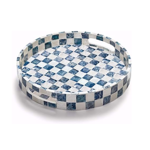 Plateau de rangement rond en coquille de capiz de qualité supérieure avec poignées, couleur bleu marine, plateaux pour la décoration, fabriqués à la main par des artisans vietnamiens - Product Image 1