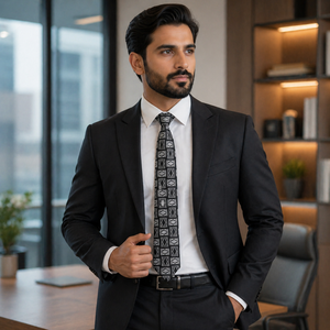 Corbata de Seda Geométrica Blanca y Negra Premium para Hombre |   Corbata de Diseño de Lujo Formal |   Ropa de Negocios y de Boda Estilo Exportación India 2026 - Product Image 2