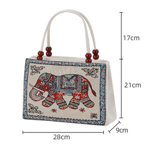 Bolso de Lona Vintage con Estampado de Elefantes, Asas de Correa con Cuentas, 28x21x9cm, Multicolor, Doble Abertura Superior - Product Image 1