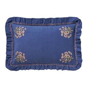 Blue Hand Embroidered Floral Cushion Cover with Ruffle Trim Cotton Custom Logo OEM - Product Image 1